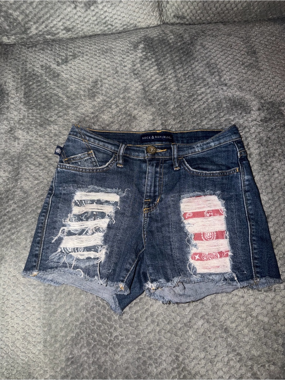 Rock & Republic Dark Blue Distressed Denim Shorts with Bandana Accents